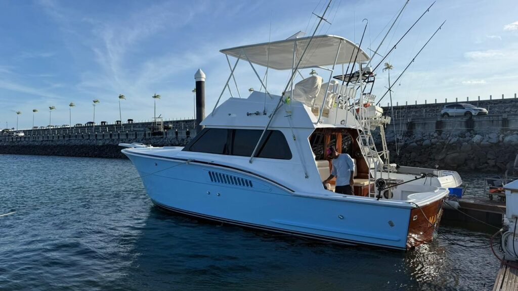 Hatteras 40 “Makaira” sport fishing boat docked at the marina